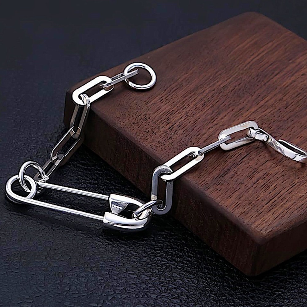 Sterling Silver Safety Pin Bracelet, Chain Link Unisex Birthday Present … - Picture 6 of 11